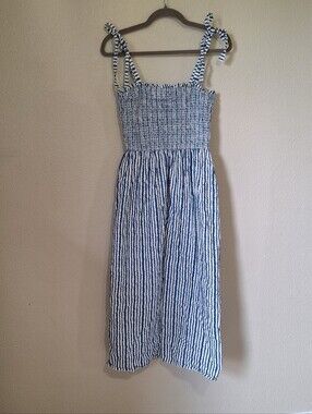 Bila 77 Lindsay Smocked Midi Dress Size M Blue Jasper White Striped Tie Strap